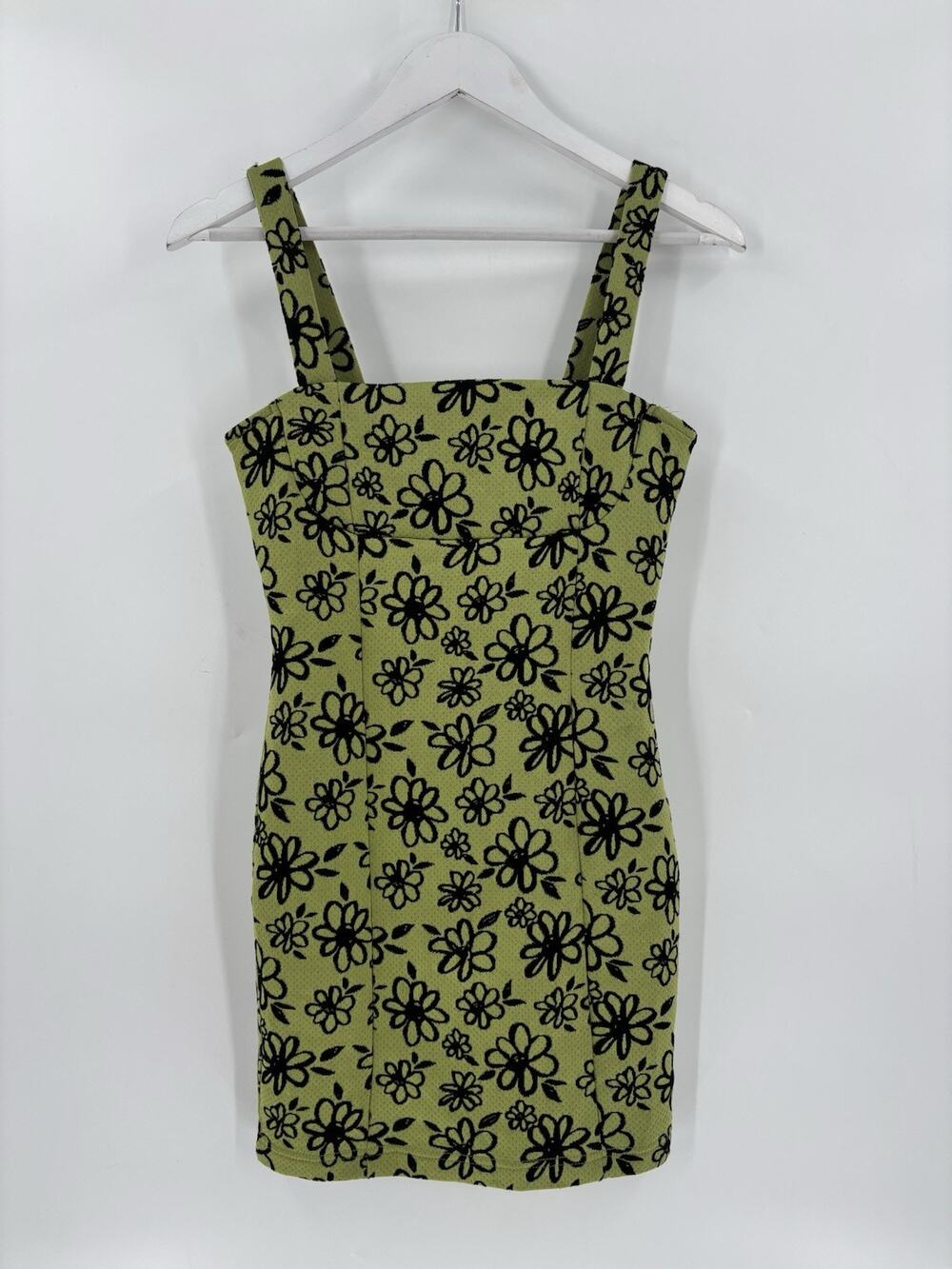 Forever 21 Mini Dress Womens Small Green Black Bodycon Sleeveless Floral Knit